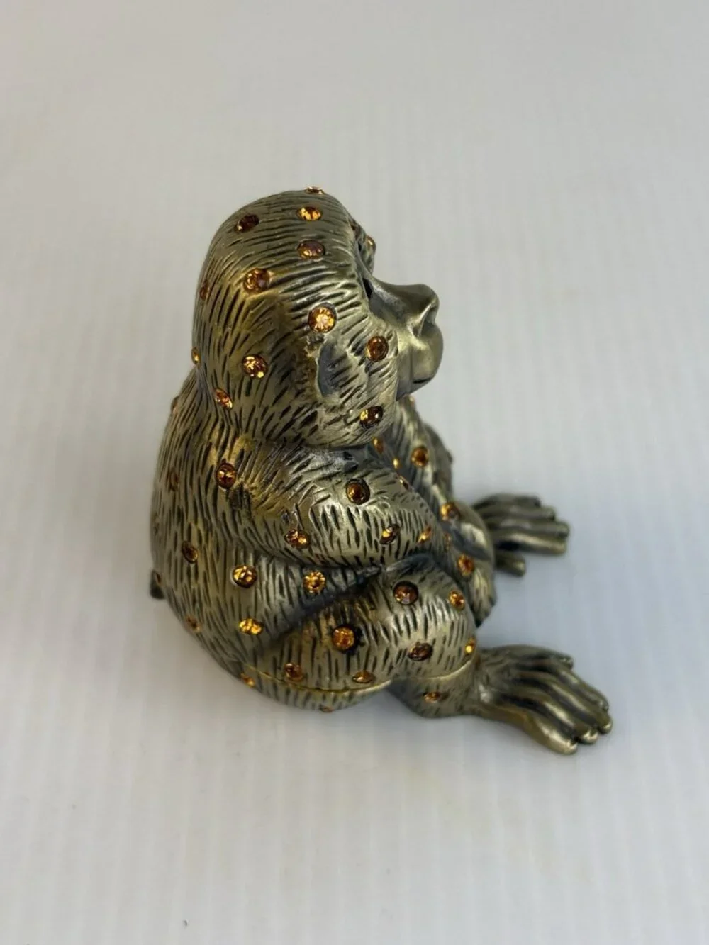 Vintage Cast Brass Monkey Trinket Dish Figurine Amber Rhinestone Crystals Heavy
